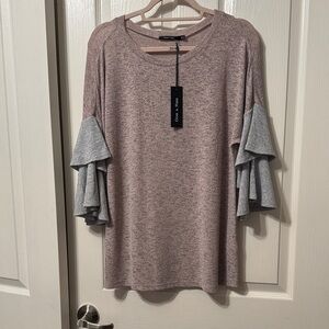 Gray and Pink Ruffle Sleeve Top
